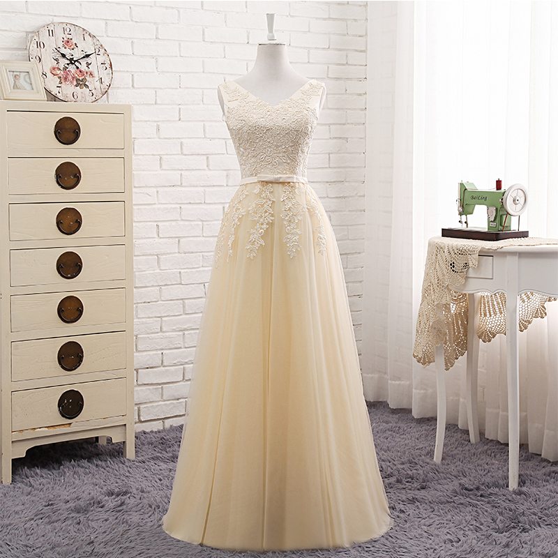 Beautiful Champagne Tulle Long Party Dress With Lace, Bridesmaid Dress