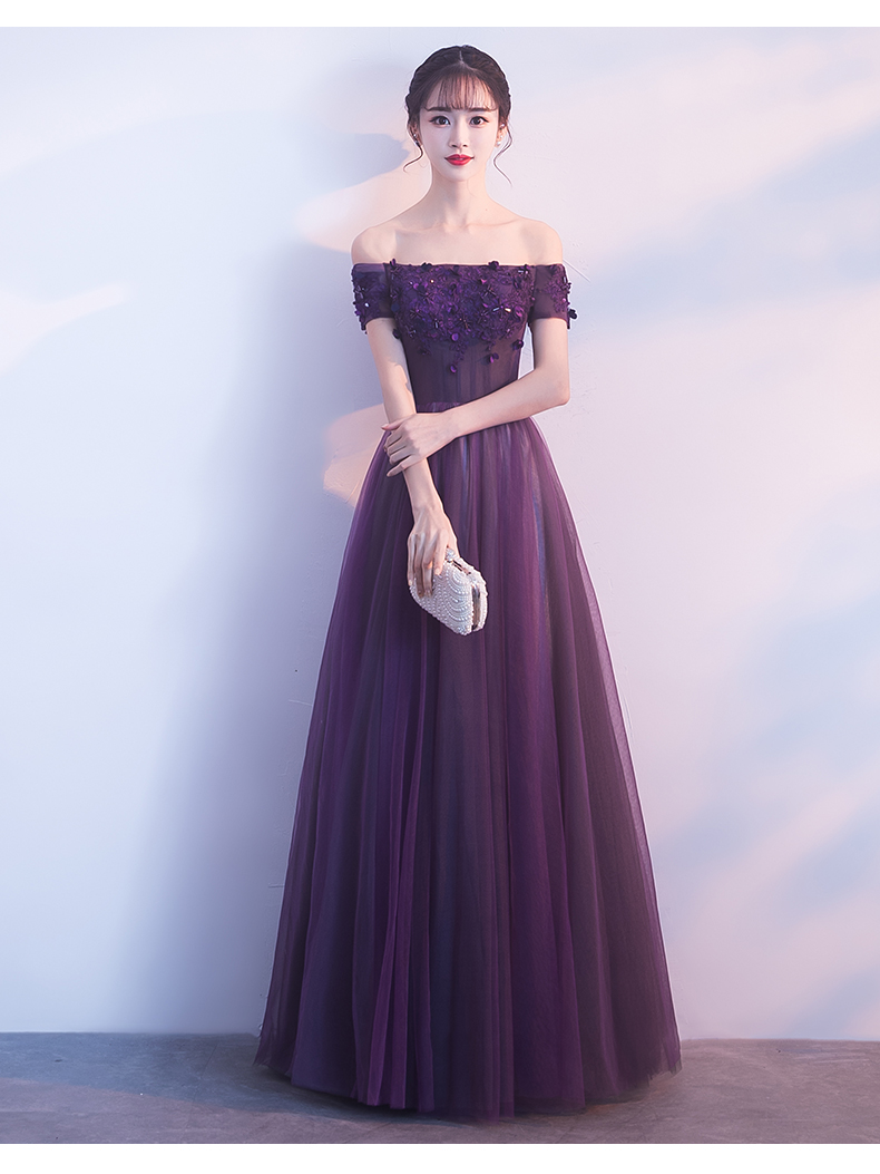 Beautiful Dark Purple Tulle Sweetheart Party Dress, Off Shoulder Formal Gown