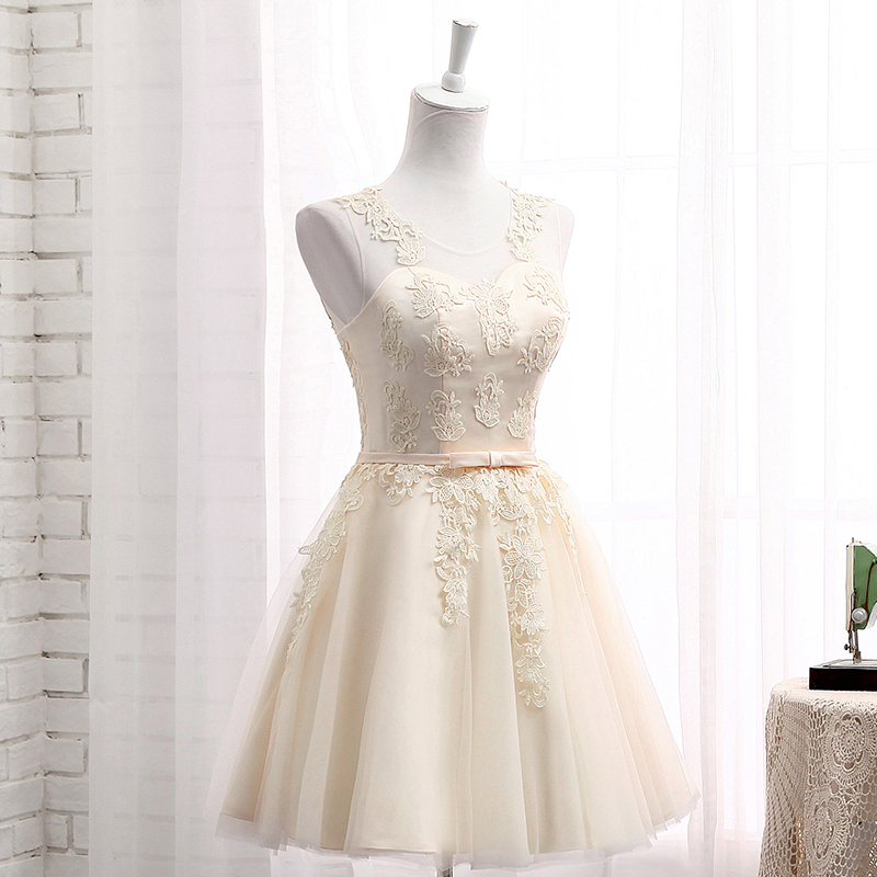 Beautiful Champagne Short Tulle Party Dress, A-line Prom Dress