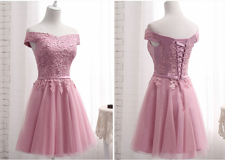 Cute Short Pink Tulle Off Shoulder Party Dress, Pink Bridesmaid Dress