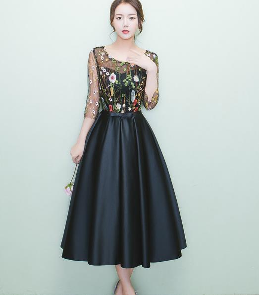 Lovely Black Tea Length Party Dress With Floral Lace, Short Bridesmaid Dresses
