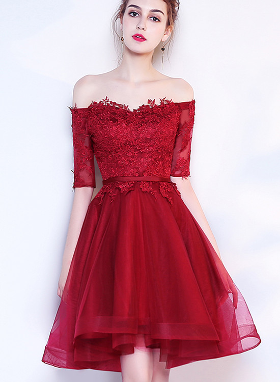 Lovely Short Burgundy Tulle With Lace Party Dress, Sweetheart Formal Dress