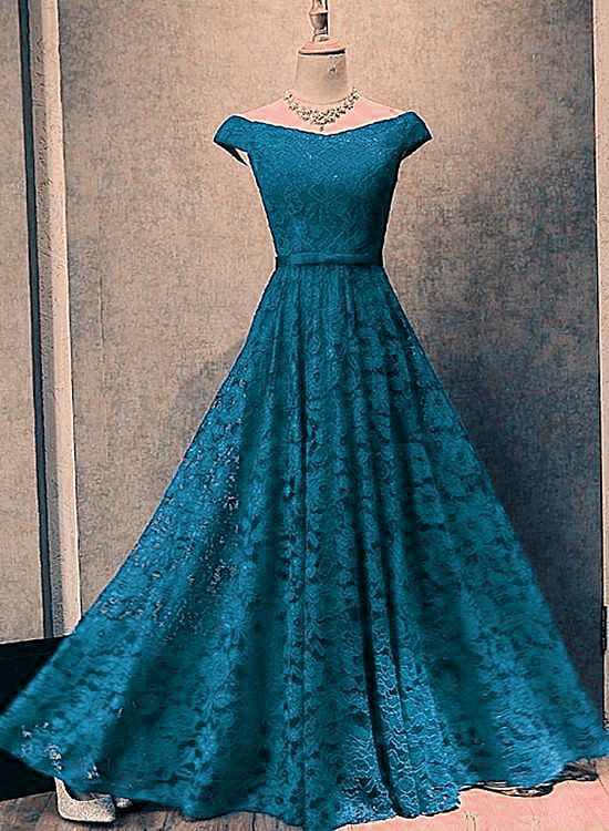 Beautiful Blue Off Shoulder Lace Long Party Dress, A-line Bridesmaid Dress 2020