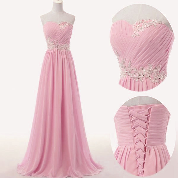 Pink Chiffon Sweetheart Long Chiffon Bridesmaid Dress, A-line Prom Dress