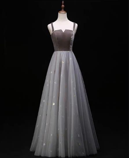 Elegant Straps V-neckline Grey Prom Dress, Tulle With Velvet Long Bridesmaid Dress