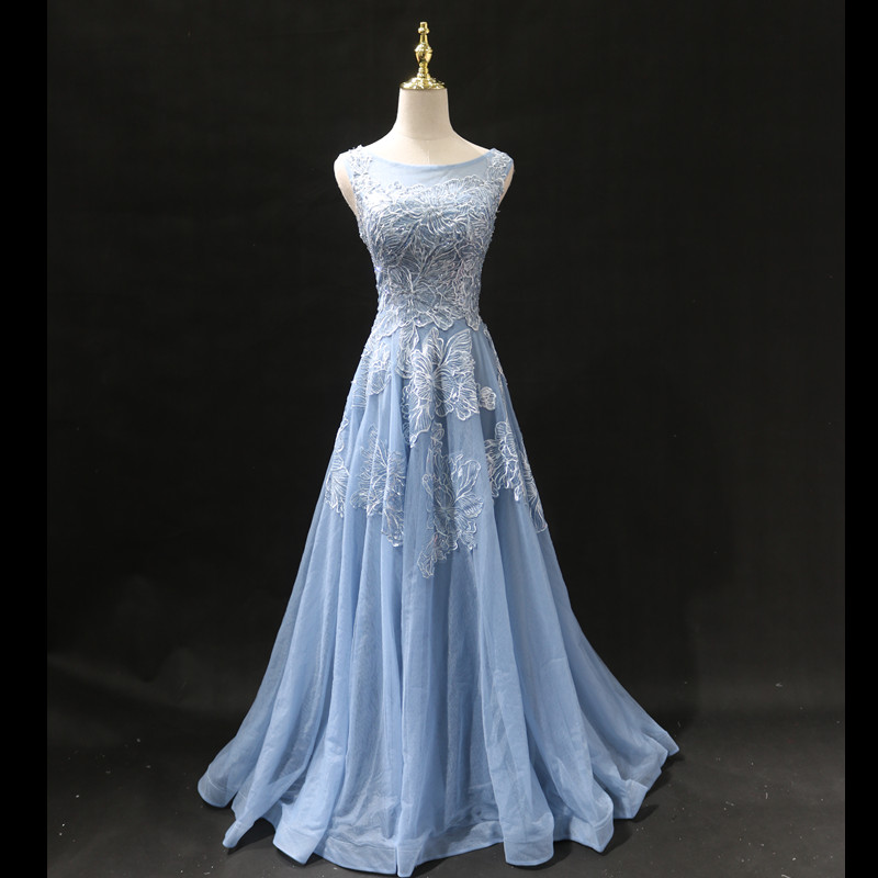 Beautiful Blue Round Neckline Tulle With Lace Party Dress, A-line Formal Gown