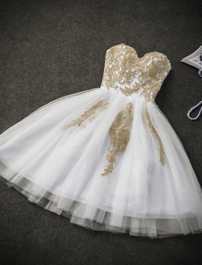 Lovely White Tulle With Lace Applique Sweetheart Party Dress, Short Prom Dress