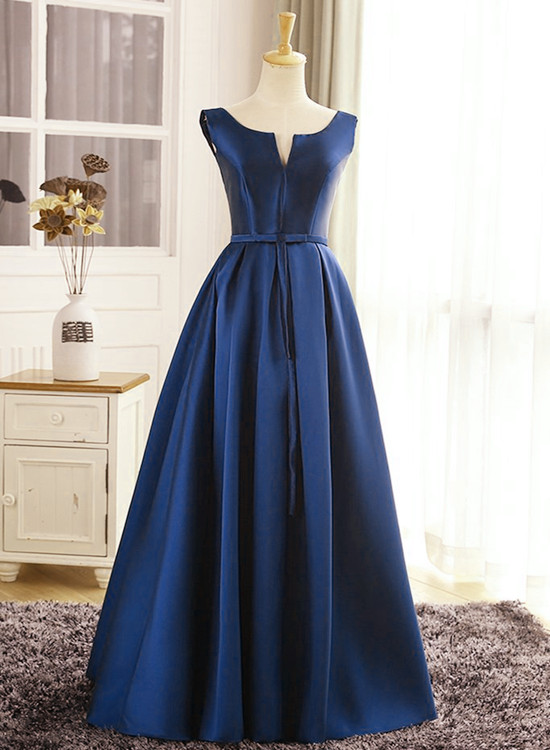 Beautiful Navy Blue Satin Long Prom Dress 2020, Formal Gown
