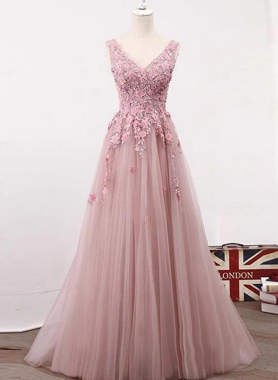 Pink Lace V-neckline Tulle With Floral Lace Applique, Long Party Dress 2020