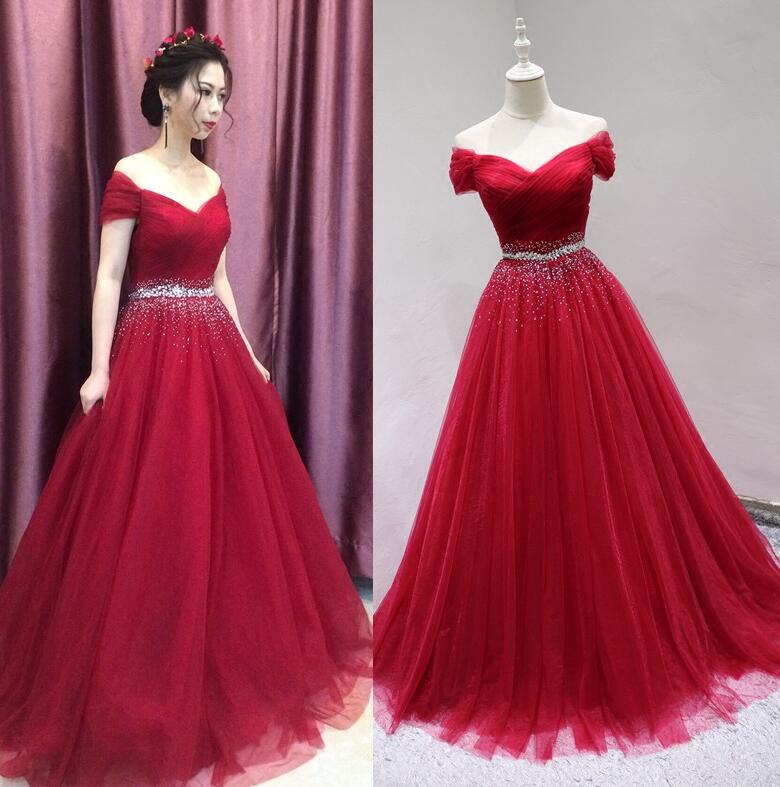 Dark Red Beaded Tulle A-line Long Party Dress, Tulle Formal Dress 2020