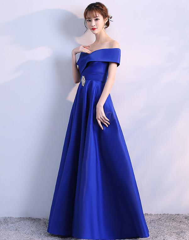 Elegant Off Shoulder Blue Satin Long Party Dress 2020, Blue Prom Gown