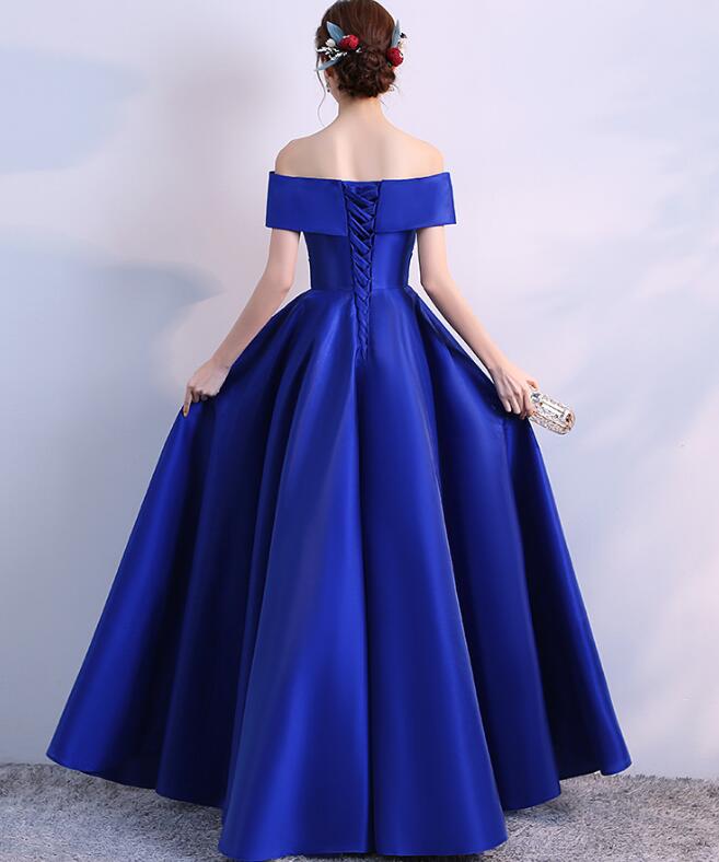 Elegant Off Shoulder Blue Satin Long Party Dress 2020, Blue Prom Gown