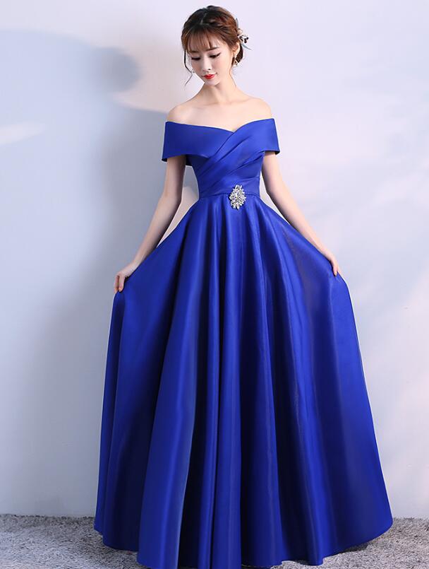 Elegant Off Shoulder Blue Satin Long Party Dress 2020, Blue Prom Gown 2020