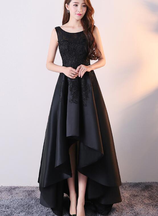 Black High Low Satin Stylish Wedding Party Dress, Black Bridesmaid Dress