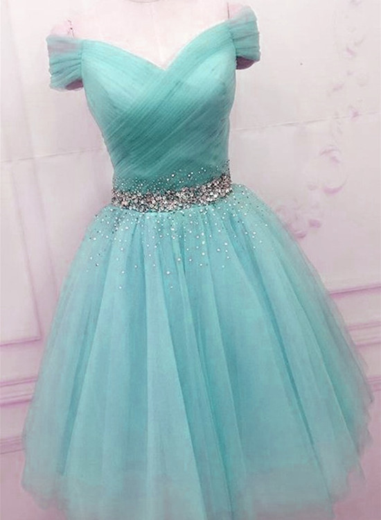 Beautiful Mint Blue Beaded Short Prom Dress, Off Shoulder Homecoming Dress