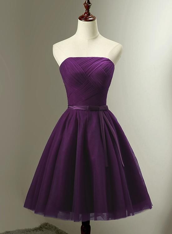 Lovely Dark Purple Short Bridesmaid Dress, Cute Tulle Short Prom Dress