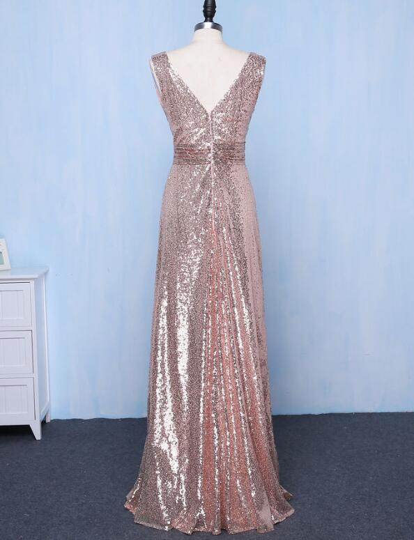 Champagne Sequins Bridesmaid Dress Long, V-neckline Prom Dress on Luulla