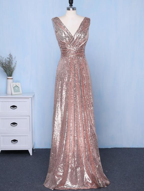 Champagne Sequins Bridesmaid Dress Long, V-neckline Prom Dress