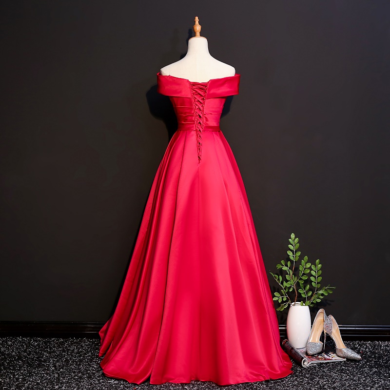 Beautiful Red Satin Off Shoulder Long Evenin Gown, Lace-up Wedding Party Dress on Luulla