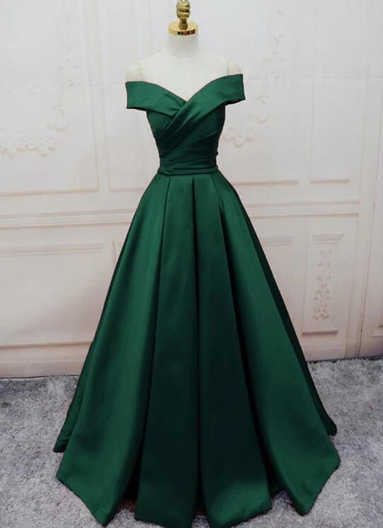 Charming Dark Green Satin Off Shoulder Long Formal Gown, Prom Dress