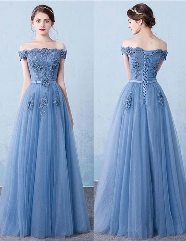 Blue Fashion Tulle Party Gown, A-line Prom Dress 2020