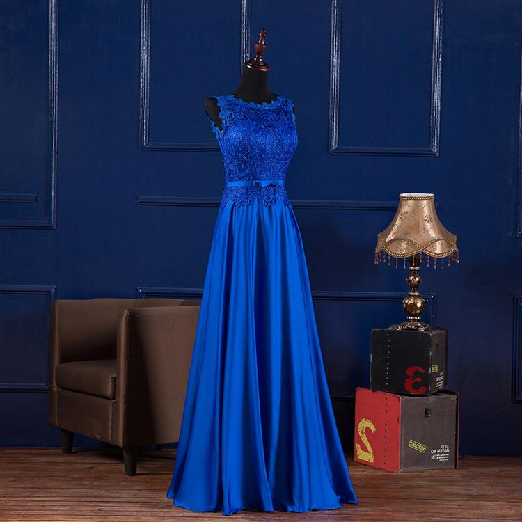 Beautiful Blue Satin And Lace Long Party Gown, Blue Prom Dress 2020