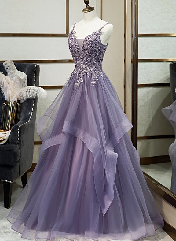 Charming Purple Long Formal Gown, Straps Long Prom Dress 2020
