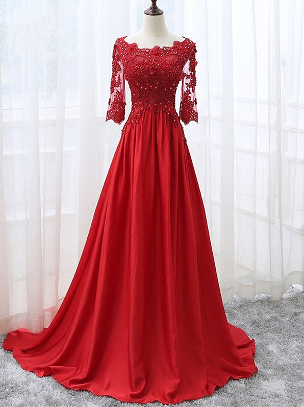 Beautiful Red Satin And Lace 1/2 Sleeves Party Gown, Red Prom Dress