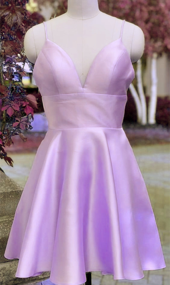 Light Purple Short Homecoming Dress, Straps Satin Prom Dress
