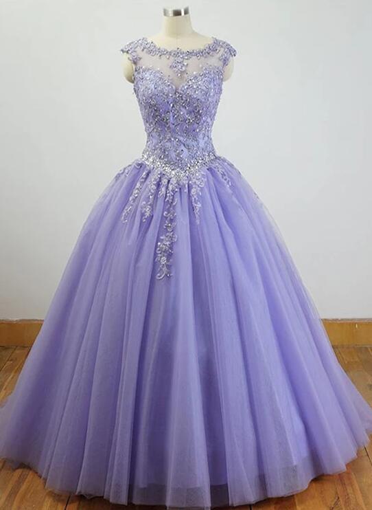 Gorgeous Purple Tulle with Lace Applique Quinceanera Dress, Long Formal Gown