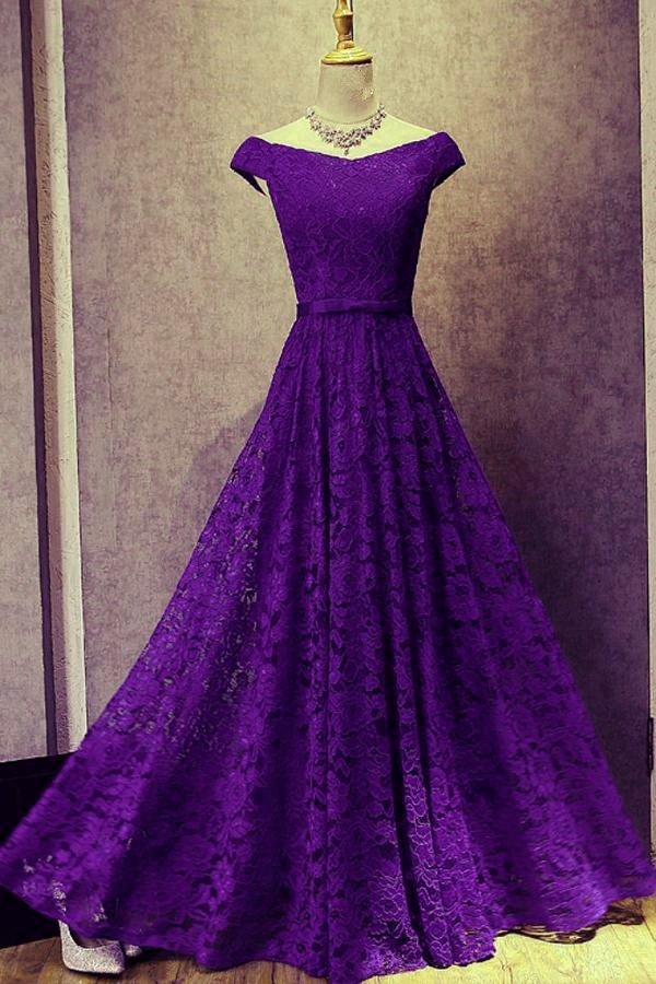 Beautiful Lace Purple Long Bridesmaid Dress, Off Shoulder Party Gown on