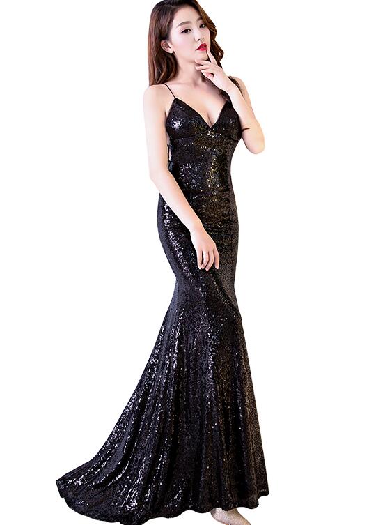 Sexy Black Straps Mermaid Sequins Long Evening Gown, Black Prom Dress