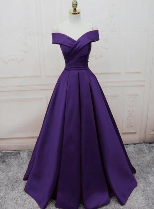 Purple Satin Long Party Dress, A-line Off Shoulder Junior Prom Dress