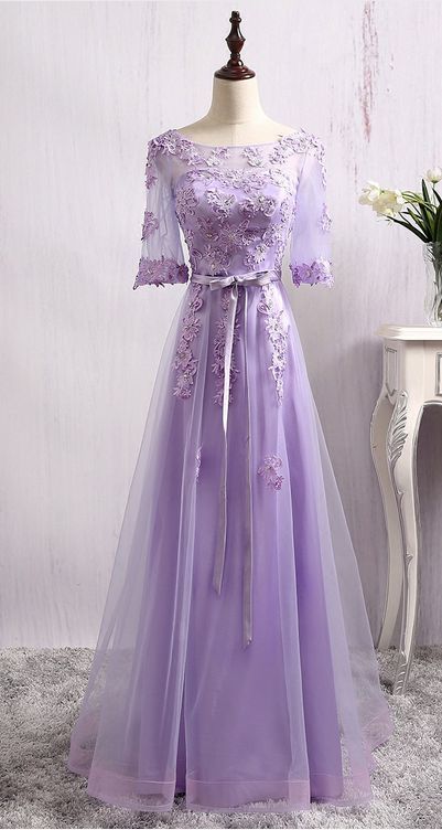Lovely Purple Tulle Long Bridesmaid Dress, Shor Sleeves Tulle Prom Dress