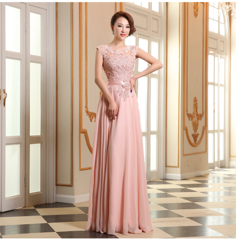 Pink Chiffon Cap Sleeves Long Bridesmaid Dress, A-line Prom Dress