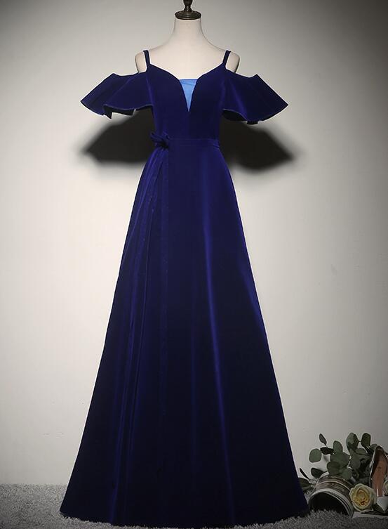 Blue Velvet A-line Long Party Dress, Long Junior Prom Dress