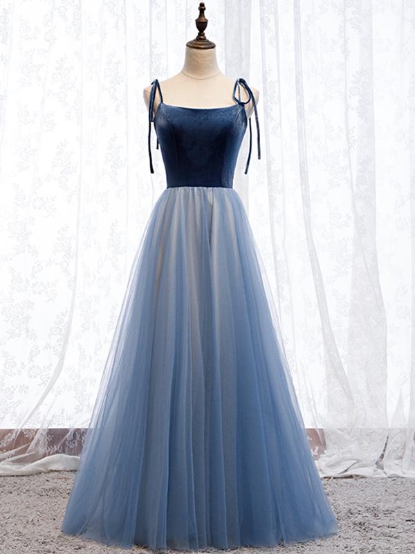Blue Tulle With Velvet Straps Long Party Dress, Blue Prom Dress 2020
