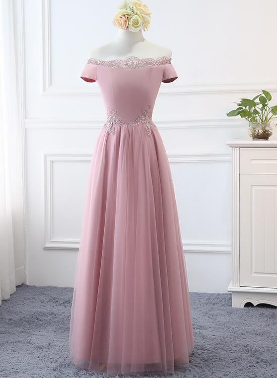 Lovely Pink Tulle Long Bridesmaid Dress 2020, Off Shoulder Evening Gown