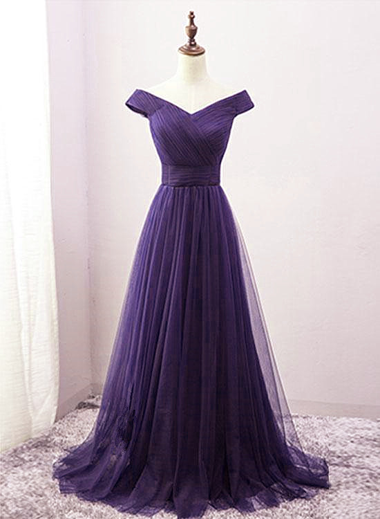 Long Purple A-line Off The Shoulder Prom Dress, Tulle Bridesmaid Dress