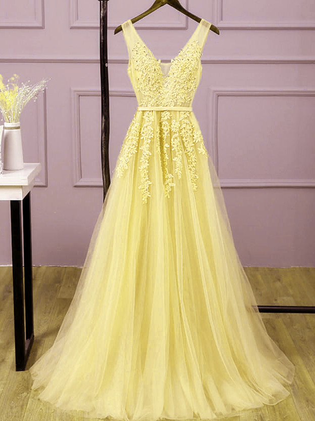 A Line Spaghetti Straps V Neck Yellow Prom Dresses with Pockets High S –  cathyprom