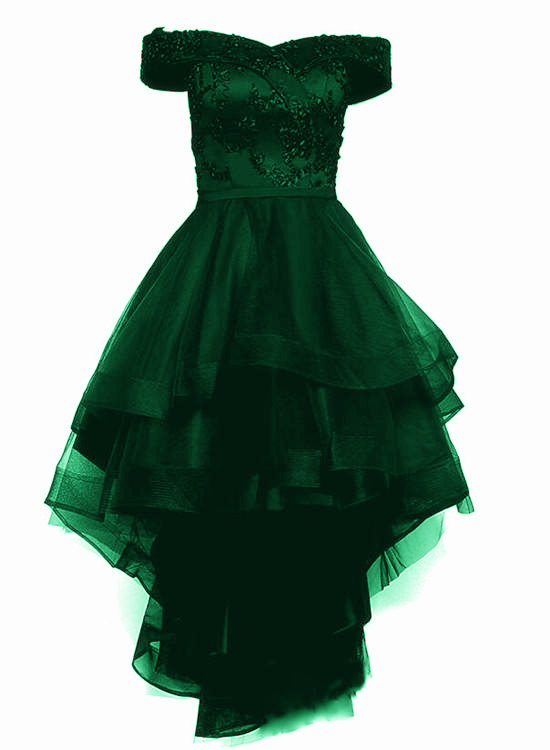 Green Tulle Cute Homecoming Dress, High Low Off Shoulder Prom Dress