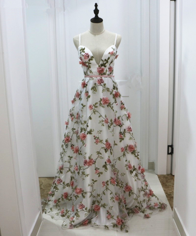 Beautiful Flower White Straps Long Evening Dress, A-line Long Prom Dress
