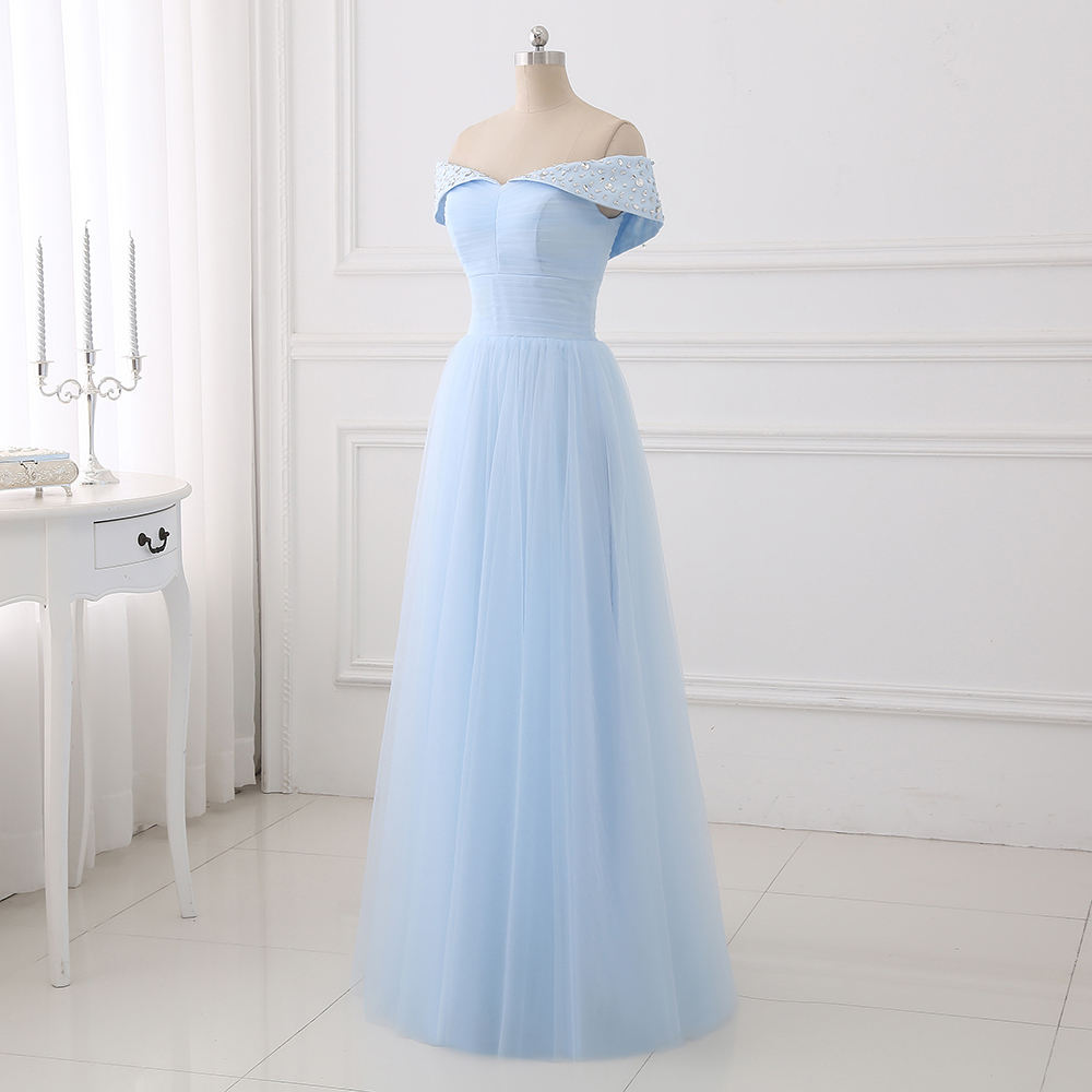 Cute Blue Tulle Beaded Off Shoulder Party Dress, A-line Bridesmaid Dress