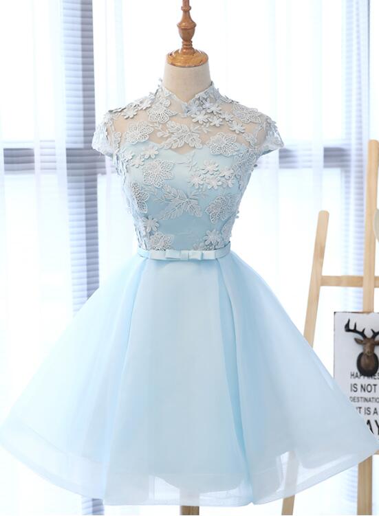 Light Blue Short Lace Cute Homecoming Dress,blue Short Prom Dress
