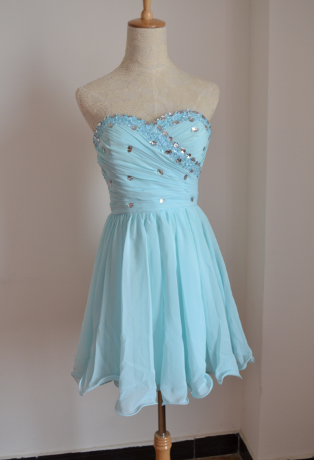 Lovely Light Blue Chiffon Short Prom Dresses 2014 With Beadings
