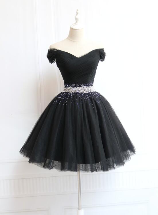 Cute Black Short Tulle Sweetheart Party Dress, Black PromD ress