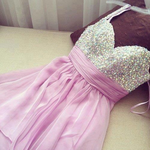Sweet Lilac Mini Chiffon Prom Dress with Beadings, Homecoming Dresses, Short Prom Dresses