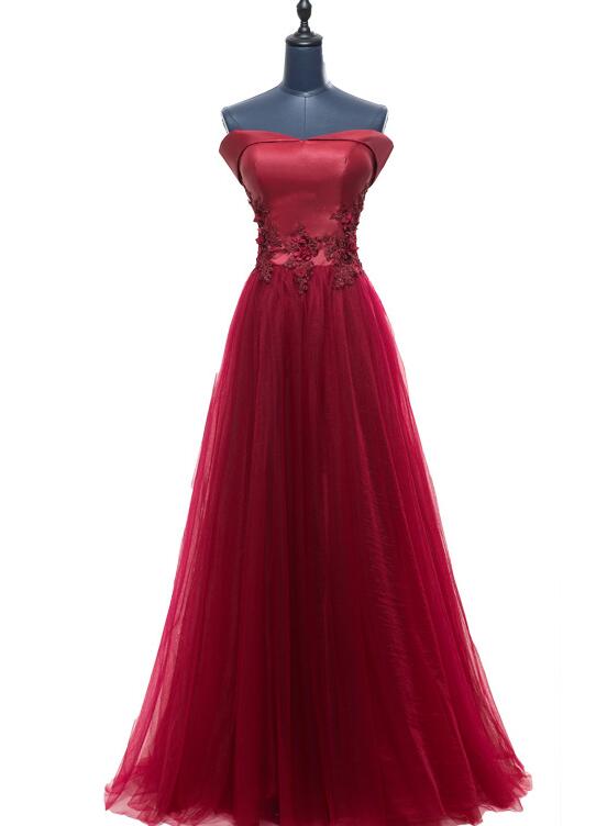 Wine Red A-line Off Shoulder Evening Gown, Tulle Prom Dress
