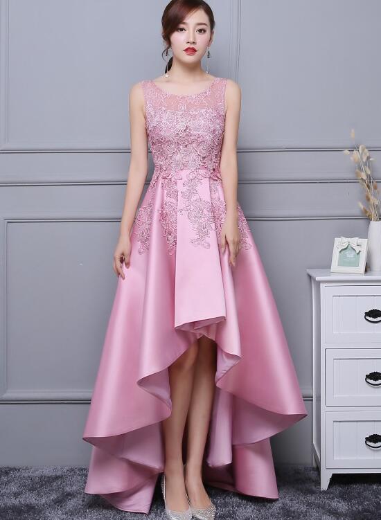 Pink Lace And Satin Party Dress, Round Neckline Homecoming Dress