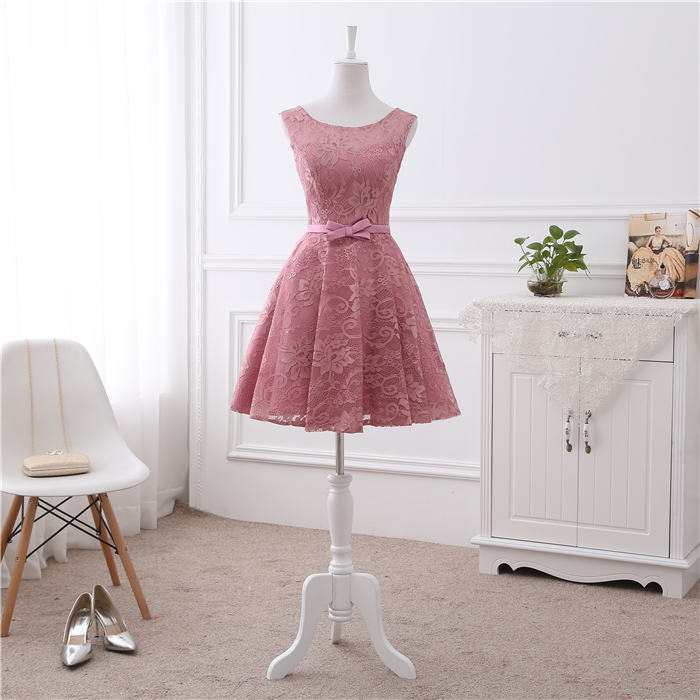 Beautiful Pink Lace Knee Length Round Neckline Homecoming Dress, Lace Short Party Dress